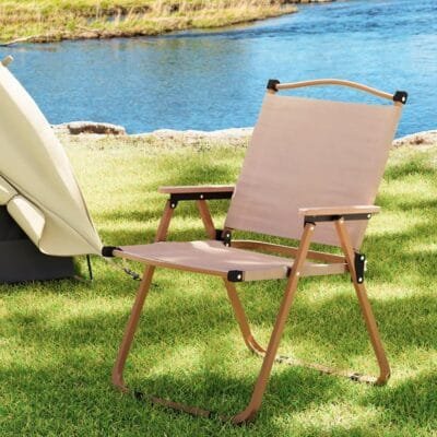 Chaise pliante portable structure en acier, aspect bois, pour piscine et plage, tissu Oxford, kaki